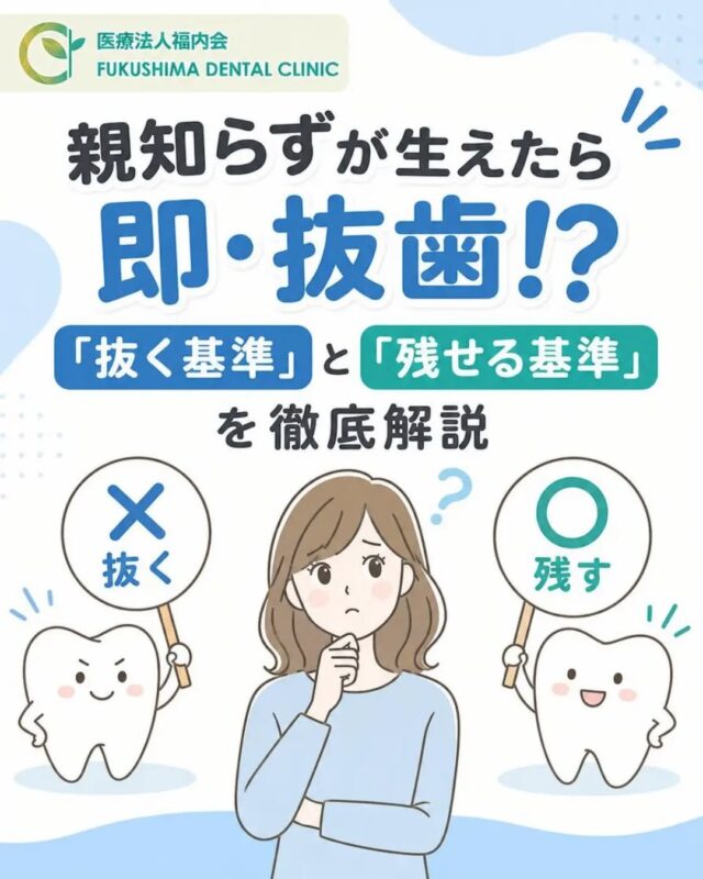こんにちは！愛知県清須市にある「ふくしま歯科」です。

「一番奥の歯ぐきがむずむずする…」
「奥歯の奥に新しい歯が生えてきたけれど、これって抜かないとダメ？」

当院でも患者様からとても多くいただくのが、この【親知らず】に関するご質問やご相談です。

「親知らずが生えたら、絶対に抜かなければいけない」と思っていらっしゃる方が多いのですが、実はすべての親知らずが抜歯の対象になるわけではありません。
生え方や噛み合わせ、お口のケア状態によっては、そのまま残して大切な奥歯として活躍してくれるケースもあります。
今回は、知っておきたい親知らずの「抜く基準」と「残す基準」について詳しくお話しします。

🦷 親知らずはなぜ問題になりやすいの？
親知らず（第三大臼歯）は、前歯から数えて8番目、10代後半から20代前半頃に一番奥に生えてくる永久歯です。

昔の人に比べて現代人は顎が小さく細くなっている傾向があるため、親知らずがまっすぐキレイに生え揃うためのスペースが足りないことがほとんどです。
そのため、斜めに傾いて生えてきたり、途中で引っかかって半分だけ頭を出したり、歯ぐきや骨の中に埋まったままになってしまったりと、トラブルを起こしやすい状態で生えてくることが多いのです。

🚨 親知らずを「抜いた方がよい」4つの基準
次のような状態が見られる場合は、放置するとお口全体の健康を害してしまう可能性が高いため、抜歯をおすすめすることがあります。

⚠歯ぐきの腫れや痛みを繰り返している
半端に生えている親知らずの周囲は、歯垢（プラーク）が溜まりやすく、「智歯周囲炎（ちししゅういえん）」という激しい炎症を起こしやすくなります。体調を崩した時などに何度も腫れる場合は抜歯の検討が必要です。

⚠隣の健康な歯まで虫歯や歯周病になりそう
一番奥にある親知らずはハブラシが届きにくいため、虫歯の温床になりがちです。恐ろしいのは、親知らずだけでなく「手前にある大切な手前の奥歯（第二大臼歯）」まで巻き添えにして虫歯や歯周病にしてしまうことです。

⚠横向き・斜めに生えて隣の歯を押している
横向きに生えた親知らずが手前の歯を強く圧迫すると、歯の根っこを溶かしてしまったり（歯根吸収）、前歯の歯並びを押し出して押し崩してしまうことがあります。

⚠矯正治療や噛み合わせの邪魔になっている
全体の歯並びを整える矯正治療を行う際に、親知らずが邪魔をして歯がキレイに並ばない場合などは事前に抜歯をします。

🌿 無理に抜かなくてOK！「残せる」基準
一方で、次のような条件が揃っている優秀な親知らずは、無理に抜く必要はありません。
・まっすぐ正常に生えていて、反対側の歯としっかり噛み合っている
・歯ブラシが問題なく届き、キレイにお手入れができている
・虫歯や歯周病、痛みがなく周りの歯に悪影響を与えていない
このようにしっかり機能している親知らずは、日々のケアを続けながら残していきます。
将来、もし他の大切な奥歯を虫歯などで失ってしまったときに、親知らずをそこへ「移植（歯の引っ越し）」したり、ブリッジの土台として活用できたりするという大きなメリットもあります。

🔍 痛みがなくても一度レントゲンチェックを！
「痛くないから自分は大丈夫」と思っていても、歯ぐきの中に隠れたまま、知らないうちに隣の歯の根っこを傷つけているケースも少なくありません。
特に若い年代（20代頃まで）は、歯の根っこが完成しきっておらず骨も柔らかいため、もし抜歯が必要になった場合でもスムーズに治療ができ、術後の回復も早いという特徴があります。

「抜くべきなのか、残せるのか」をご自身で判断するのは難しいため、気になる方はぜひ一度歯科医院でレントゲン検査を受けてみてくださいね。
ふくしま歯科では、精密な診査・診断のもと、患者様一人ひとりのお口の未来を考えた最適なご提案を行っています。不安なことや気になることがあれば、いつでもお気軽にご相談ください！

#ふくしま歯科
#清須市歯医者
#親知らず
#親知らず抜歯
#予防歯科コラム